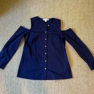 Navy Cold Shoulder Button Down